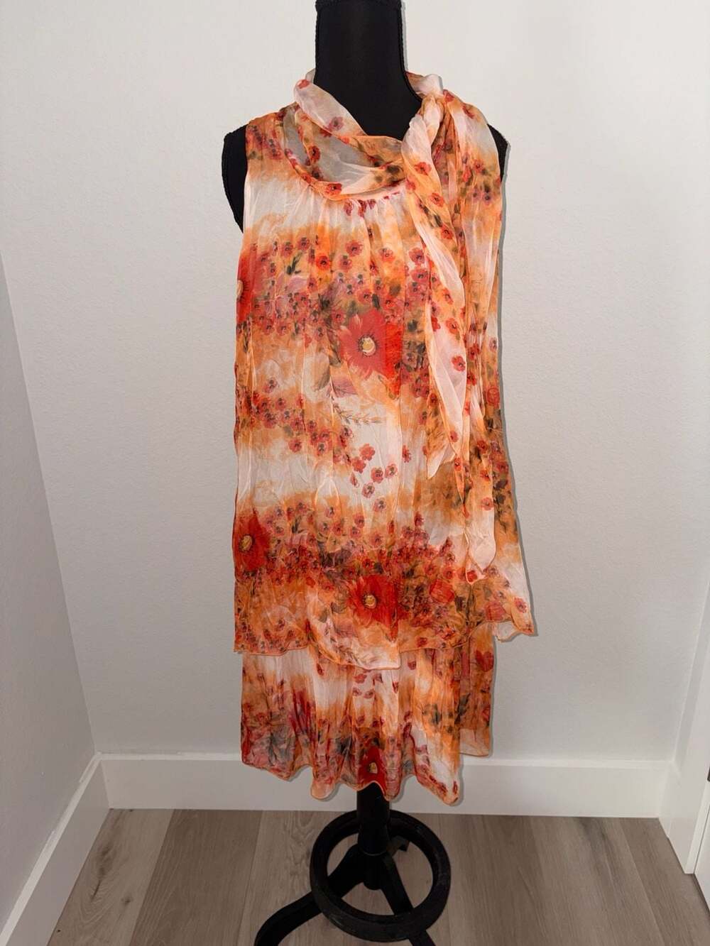 Release Orange Floral Chiffon Layered Sleeveless Dress With Matching Scarf